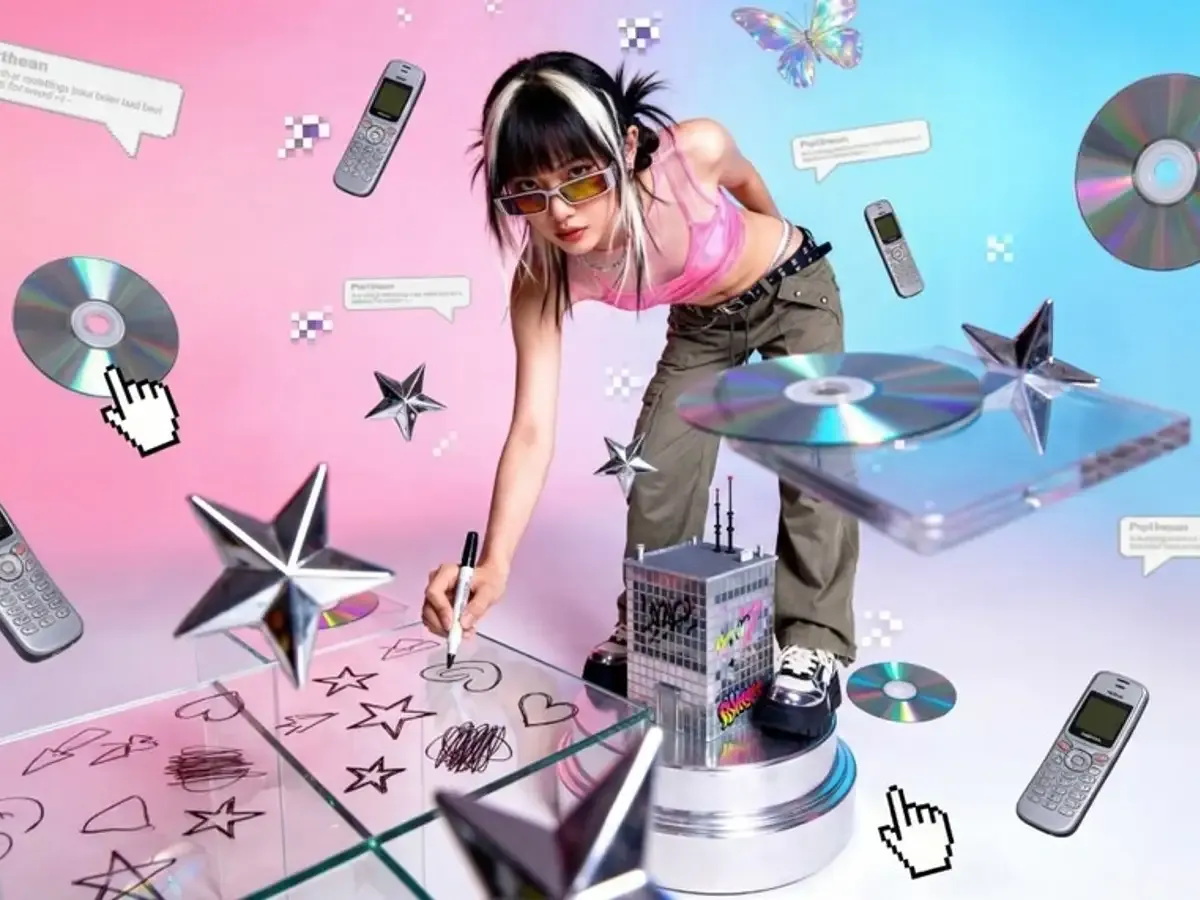 Seedream Pro sample: Y2K collage of a girl drawing stars